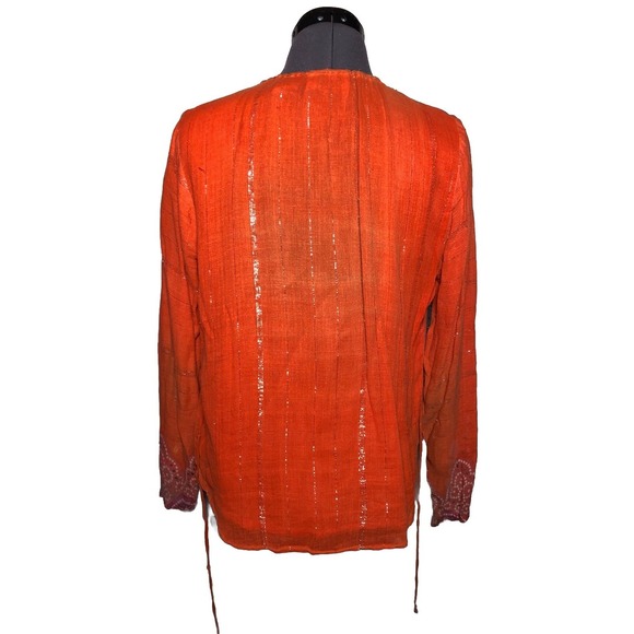 Vtg Y2K Boho Blouse Cervelle Sequin Metallic  Bandhani Print Orange S DAMAGED - Picture 6 of 14